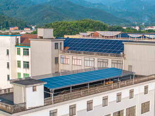 aerial view solar power station on rooftop of house