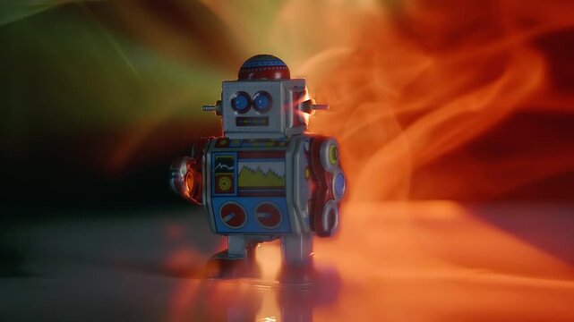 In clouds of smoke wind-up robot walks on a glass surface in the color rays. Closeup. Macro
