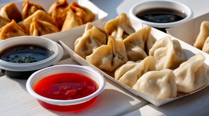 Street Food Delight: Crispy Fried Dumplings with Sauces on Paper Trays