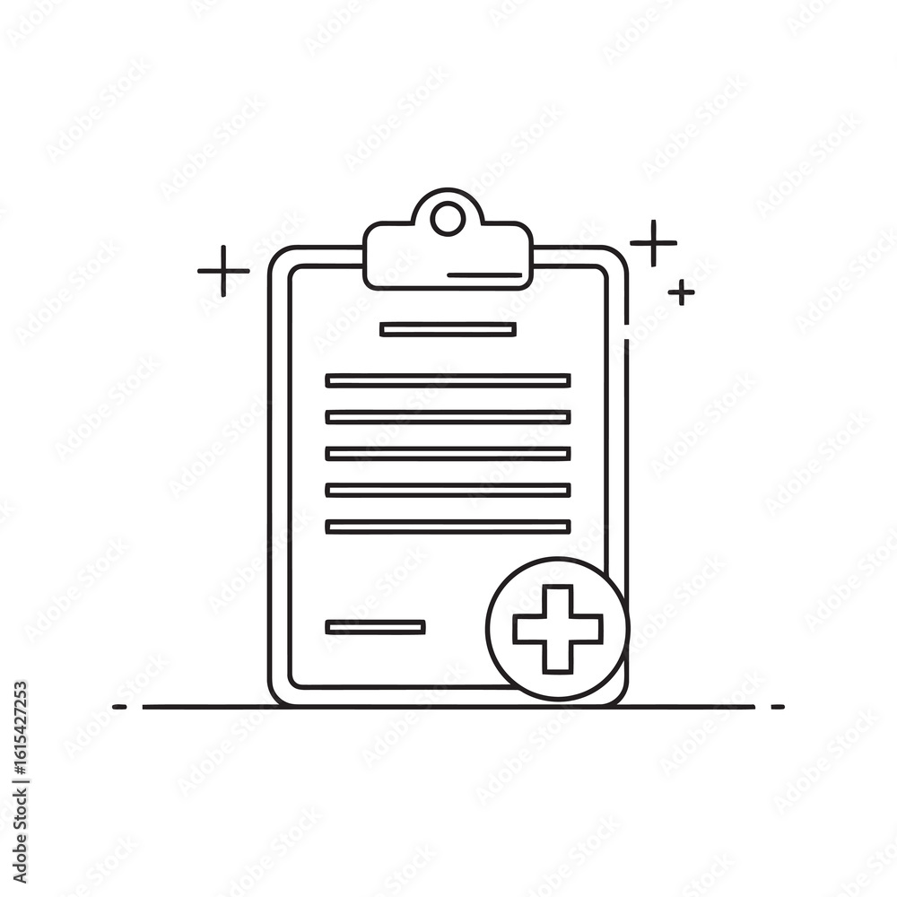 Poster medical report icon with a clipboard and plus signs representing patient health record clinical data