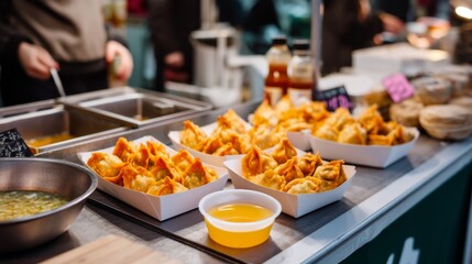 Street Food Delights: Fried Dumplings in Paper Trays with Dipping Sauces, Cool Studio Lighting, Motion Blur, White Background