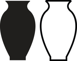 Vase silhouette icon set flat and outline styles, collection of black pottery, ceramic vessel shapes, decorative flower vase vectors illustrations for home decoration, antique art or designs elements.