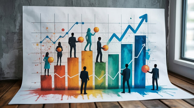 Business growth chart with colorful bars and silhouetted figures holding spheres graph analytics - Powered by Adobe
