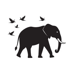 Elephant Standing With Flying Birds Silhouette