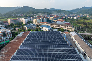 aerial view solar power station on rooftop of house