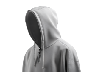 Partially Open Zipper on Light Gray Hoodie with Drawstrings, Angled Side View, Isolated on Transparent Background