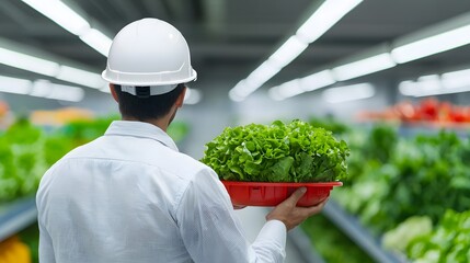 A person in a white lab coat and hard hat inspects fresh lettuce in a modern indoor hydroponic farm with bright LED lighting.