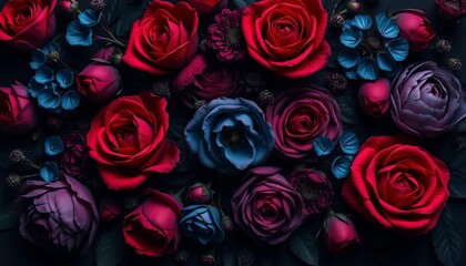 Dark floral wallpaper featuring red, black, and blue roses and peonies in a gothic, moody composition, floral pattern, pattern