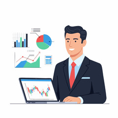 Vector Professional SVG Illustration of Businessman with Data Charts in Flat Geometric Style for Digital Presentation