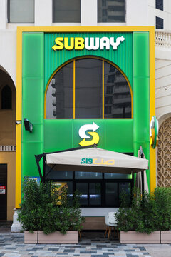 Dubai, UAE - September 27, 2024 Subway cafe branding on a city street in the UAE. Editorial.