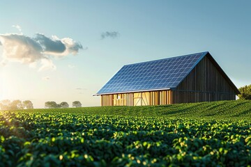 Modern Barn with Solar Panels on a Green Agricultural Field at Sunset