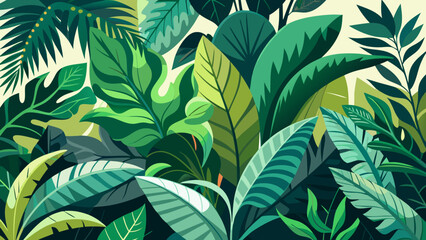 Vector art of a dense arrangement of lush green tropical leaves and plants creates a vibrant natural backdrop