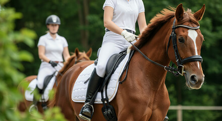 Obraz premium Two riders on horseback, showcasing elegance and skill in an outdoor setting. Perfect for equestrian, sport, and lifestyle themes.