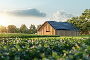 Modern Barn with Solar Panels on Rooftop in Lush Green Field at Sunrise