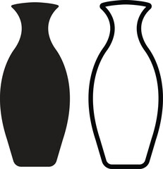 Vase silhouette icon set flat and outline styles, collection of black pottery, ceramic vessel shapes, decorative flower vase vectors illustrations for home decoration, antique art or designs elements.