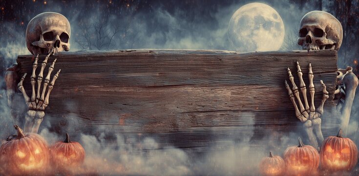 A skeleton holds a wooden plaque with a skull on the background of pumpkins and a moon cemetery, a creepy Halloween background with a place for text
