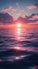 Ocean at Sunset with Pink Clouds Reflecting in Water