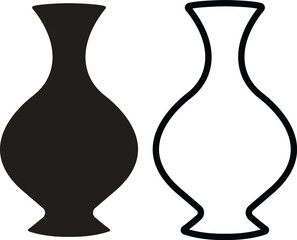 Vase silhouette icon set flat and outline styles, collection of black pottery, ceramic vessel shapes, decorative flower vase vectors illustrations for home decoration, antique art or designs elements.
