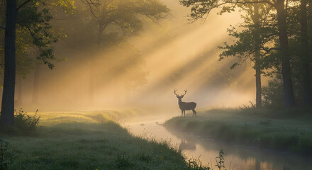Fototapeta premium A majestic stag stands by a small stream in a misty morning forest, bathed in sunlight filtering through the trees, evoking a tranquil and dramatic atmosphere.