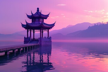 Traditional Chinese Pagoda on a Misty Lake at Sunset with Purple and Pink Sky