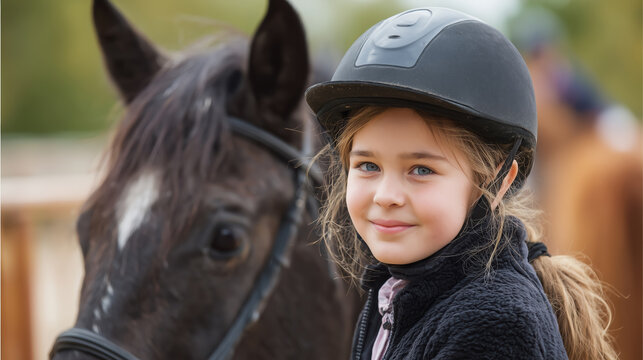 Young girl wearing a riding helmet stands beside a brown horse, smiling warmly, showcasing a bond between child and animal in an outdoor equestrian setting