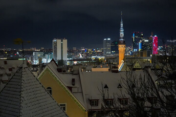 Close up of snow covered Tallinn old town roof tops on a dark and cold winter night, Estonia