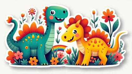 Fototapeta premium Two adorable dinosaurs in a flower garden.