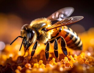 Macro Close-up of Honey Bee on Flower – Pollination Concept
