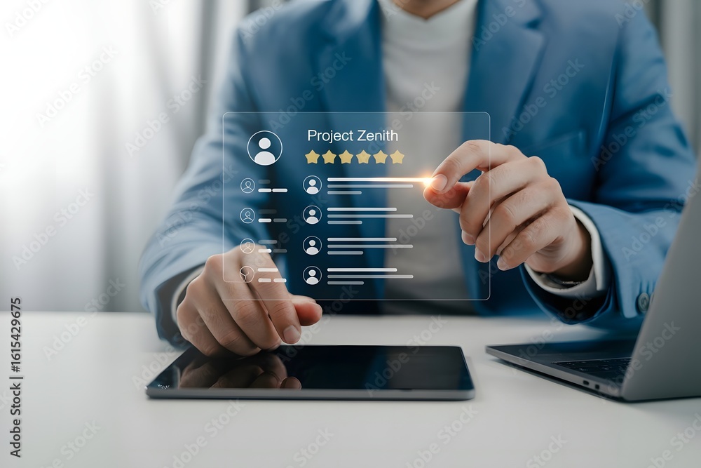 Poster businessman interacting with a digital interface displaying project details and a five star rating o