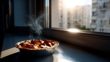 Rustic Homemade Apple Pie Cooling on Windowsill: Cinematic Lighting, Flaky Crust, Cinnamon Aroma, Glow Highlight, Depth Composition