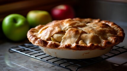 Warm Glow of Home: Rustic Homemade Apple Pie Cooling on Windowsill with Flaky Crust and Cinnamon Aroma
