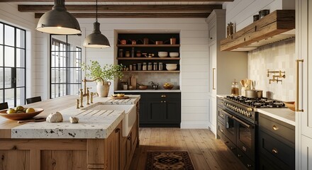 Elegant Kitchen Design Modern Farmhouse with Wooden Island and Black Cabinetry