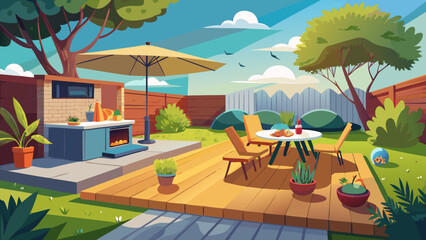 Vector art of a vibrant cartoon illustration of a backyard patio with a grill, dining area, and comfortable seating under a sunny sky