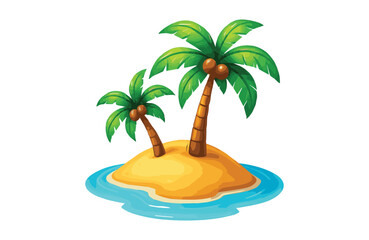 Tropical Island Paradise A Cartoonish Depiction of Two Palm Trees on a Small Island Surrounded by Clear Blue Water