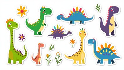 Colorful dinosaur stickers with flowers and plants.