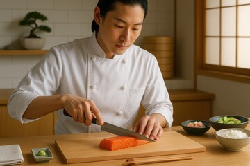 Chef slicing fresh salmon sashimi on wooden counter in traditional Japanese kitchen

