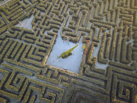 Aerial view of the labyrinthine corn maze, a puzzle of green pathways and hidden dinosaur statue, bathed in the soft glow of dusk, Pe&Atilde;&plusmn;&Atilde;&shy;scola, Comunidad Valenciana, Spain.
