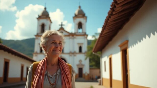 Smiling Grandmother Outside Church – Joyful Celebration of Immaculate Conception