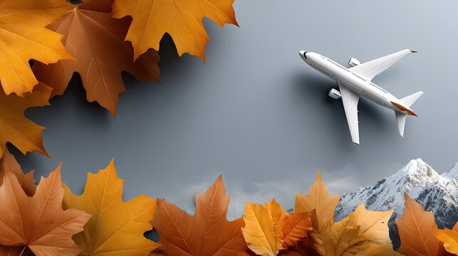 Passenger plane ascends over colorful autumn foliage and majestic snow-capped peaks under a clear blue sky, symbolizing air travel