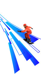 Surreal collage of smiling male snowboarder riding over sharp geometric blue slope. Concept of...
