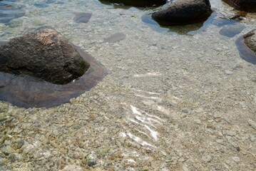 Clear Shallow Water with Sunlit Rocks and Pebbles