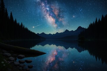 Milky Way galaxy and shooting star reflected in mountain lake with pine forest silhouette


