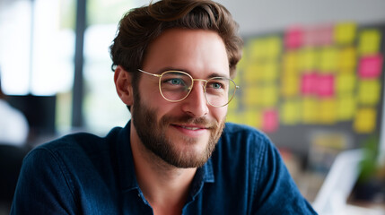Bearded software developer in glasses smiling in agile workspace