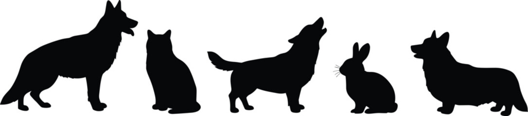 Animal silhouettes, dog cat rabbit, pet animal vector, domestic pets, black silhouette, pet collection, isolated animal images, dog breeds, cat shape, bunny graphic