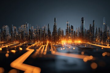 A glowing futuristic cityscape with illuminated skyscrapers and bright golden lights creating a high-tech, digital ambiance at night.