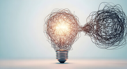 Idea generation and problem solving concept with lightbulb and tangled wire