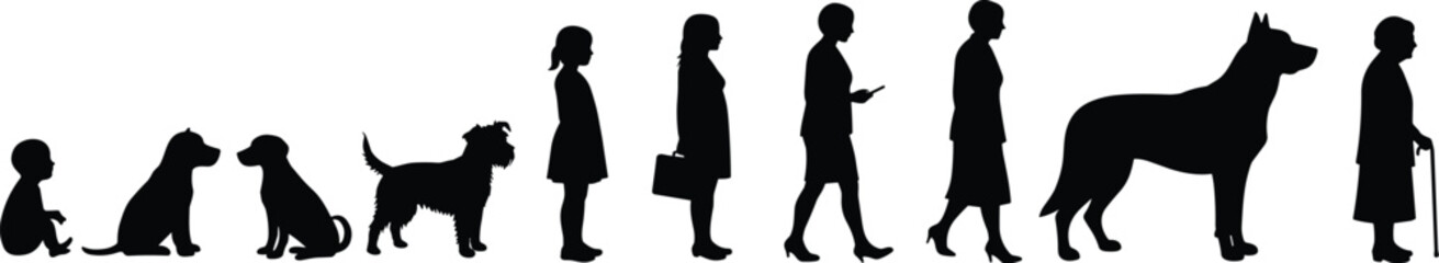 Dog and human life stages evolution, growth progression silhouette, child to elder, puppy to adult dog, vector illustration, aging concept, black silhouette graphic design