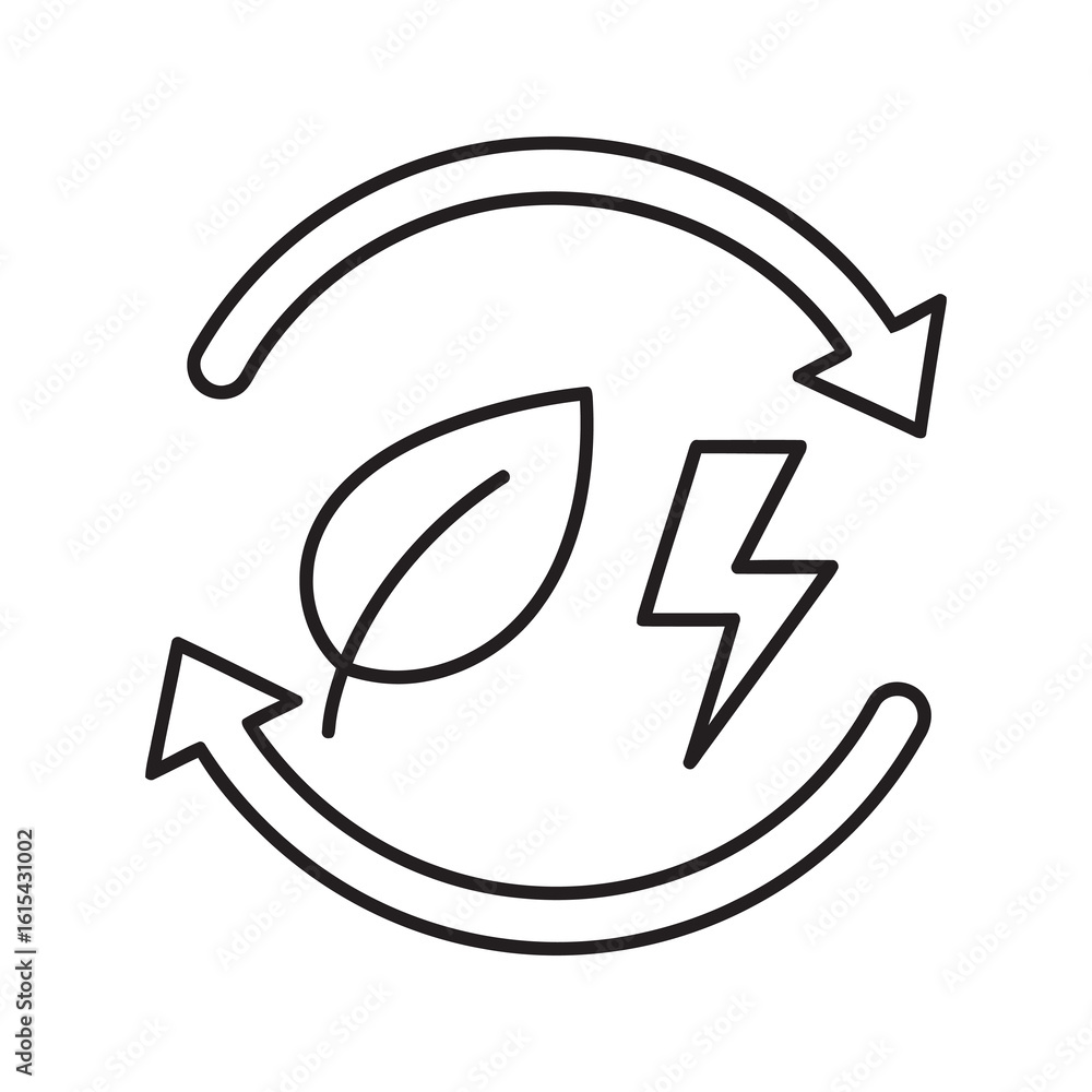 Poster renewable energy cycle icon with a leaf and lightning bolt in circular arrows representing sustainab