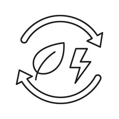 Renewable energy cycle icon with a leaf and lightning bolt in circular arrows representing sustainable power and green technology line vector stroke