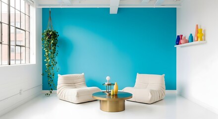 Modern Living Room with White Furniture and Blue Accent Wall.

